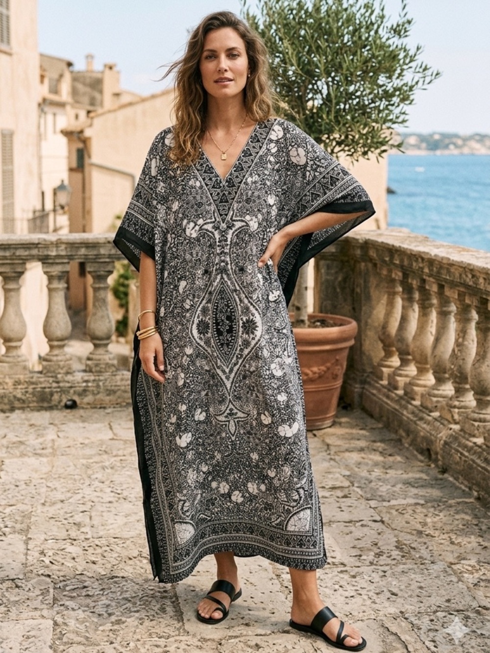 Kaftan Dress In Black, White And Blue Floral with Tie Waist